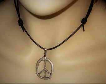 Peace Sign Leather Necklace, Hand Hammered Pewter Pendant