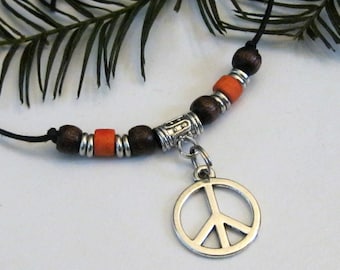 Peace Sign Charm Necklace: Adjustable Cord with Ceramic & Wood Beads