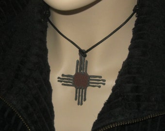 Zia Sun Necklace, Zia Symbol, Rustic, Black Leather Necklace, Adjustable, Zia Sun, New Mexico
