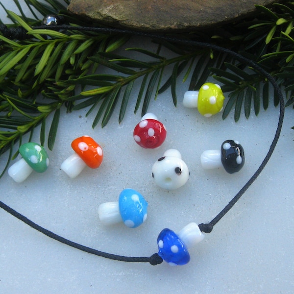 Tiny Glass Mushroom Necklace, Adjustable Black Cord Necklace, Boho, Hippie Jewelry