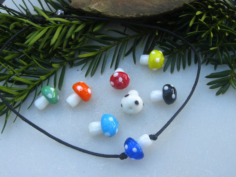 Tiny Glass Mushroom Necklace, Adjustable Black Cord Necklace, Boho, Hippie Jewelry image 1