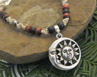 Hemp Necklace, Sun and Moon Pendant, Celestial Jewelry, Hippie Necklace, Boho