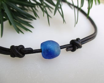 Black Leather Necklace, Ocean Blue, Sea Green, Minimalist Jewelry, Mens Leathe Necklace, Adjustable Leather Necklace, Recycled Glass