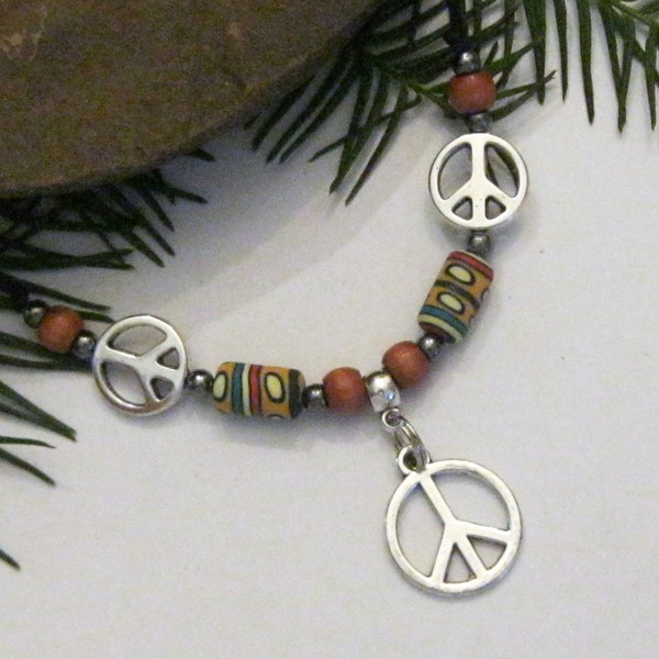 Peace Sign Charm Necklace: Adjustable Cord, Rasta Beads