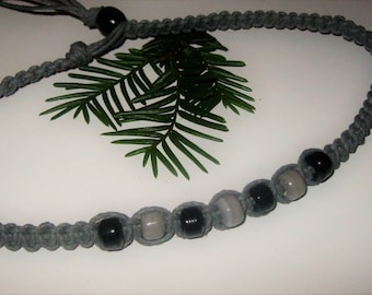 Hemp Necklace, Gray, Black/Gray, Glass Beaded