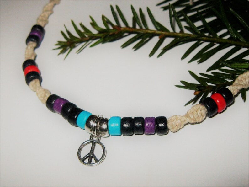 Adjustable Hemp Necklace With Peace Sign Pendant - Surfer Style - 14 To 18 Inches