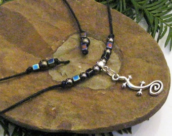 Gecko, Gecko Necklace, Great for Layering, Black Cord Adjustable Necklace