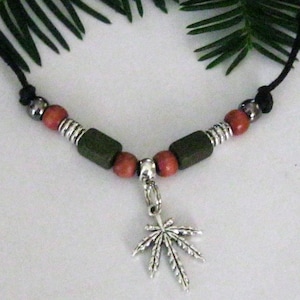 Marijuana Leaf Necklace, Adjustable Black Cord, Wooden & Ceramic Beads
