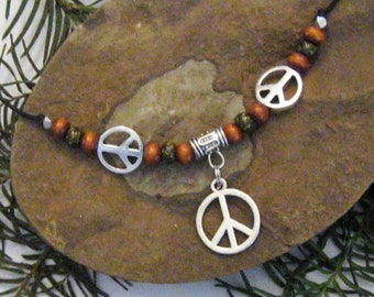 Peace Sign Necklace, Earthy Green, Blue, Great for Layering, Adjustable Cord Necklace, Peace Symbol Charm, Hippie Necklace