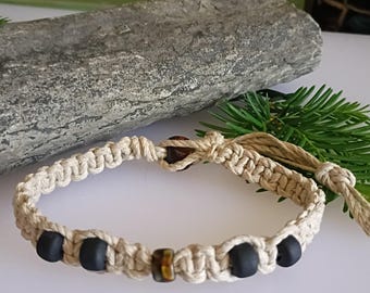 Hemp Bracelet, Czech Tiger Eye, Matte Black Glass, Beach Gear, Unisex Bracelet