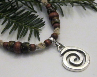 Hemp Necklace: Silver Infinity Swirl Pendant with Tiger Eye Czech Glass and Wooden Beads