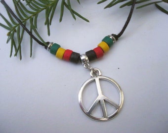 Peace Sign Choker Necklace, Rasta, Ceramic Beads, Adjustable Cord