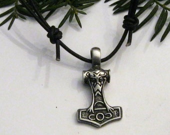 Thor's Hammer, Thunder God Hammer, Adjustable Black Leather Necklace, Stainless Steel Pendant