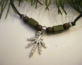 Marijuana Leaf Charm Necklace, Adjustable Cord, Wood Bead Accent