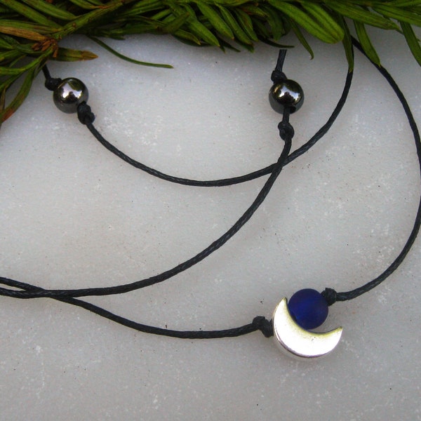 Crescent Moon Necklace, Dainty Necklace, Adjustable Cord Necklace, Moon Child, Blue Moon