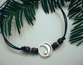 Crescent Moon, Adjustable Black Cord Bracelet