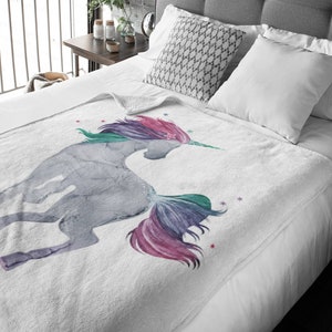 Unicorn Velveteen Plush Blanket, Unicorn Grey, Pink, Purple, Teal Poster, Magical Unicorn Abstract Alcohol Ink Painting, Kids Blanket