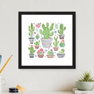 Kaktus Art Matte quadratisches Poster, neutrale Boho Kaktuspflanzen in Töpfen Wanddruck, Badezimmerdekor, Wohnzimmerdekor