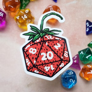 Shiny Scrumptious Strawberry d20 Vinyl Sticker | Critical Hit Natural 20 DnD 5e P2e Pathfinder Dungeons & Dragons TTRPG Geek Plant berry