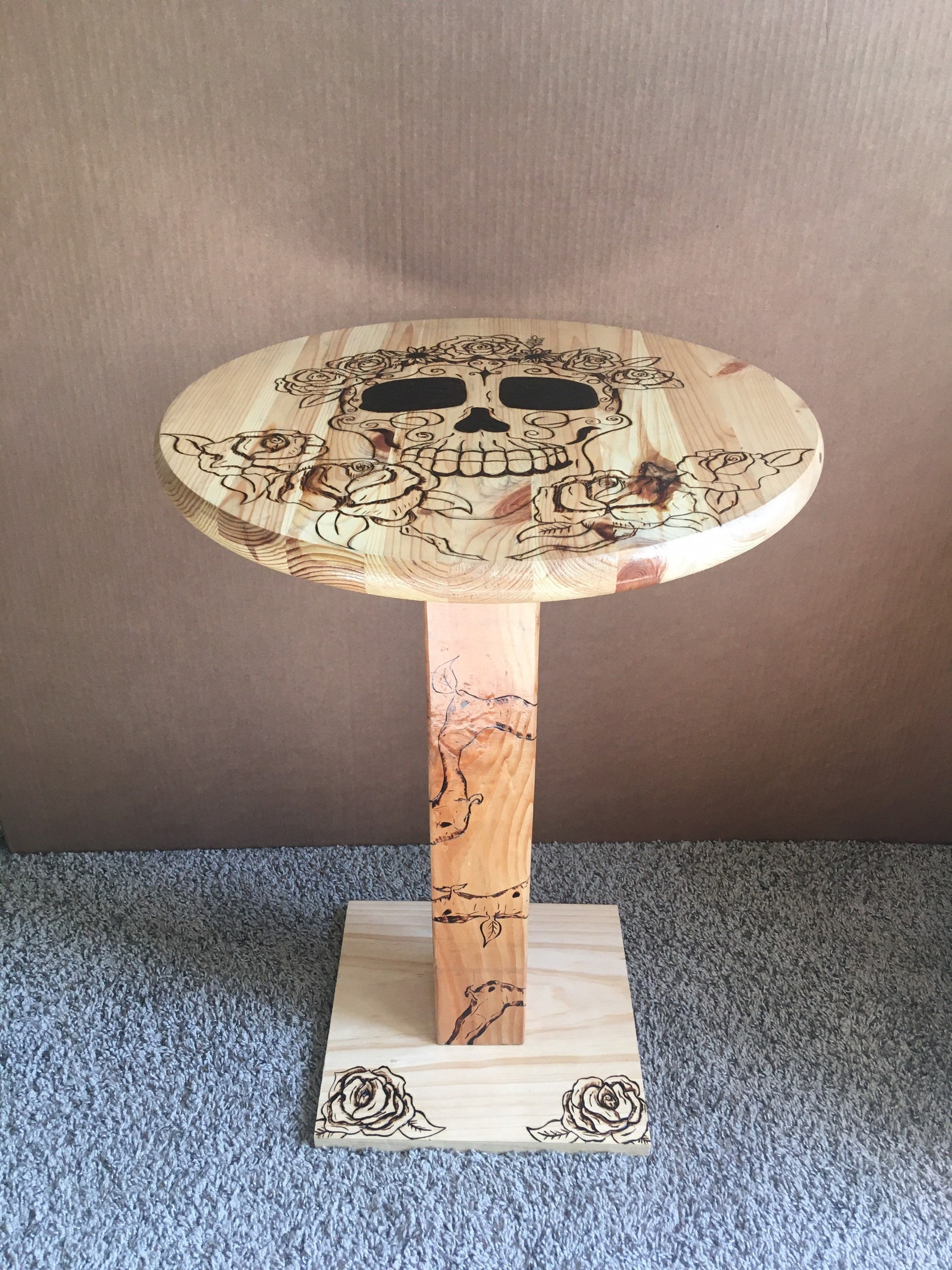 Wood Burned Coffee Table Round Coffee Table Skull Table Accent Table
