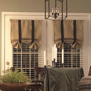 Natural burlap curtains tie up shades custom made ribbon ties rod pocket country farmhouse living room cordless curtains