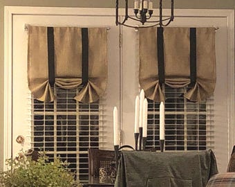 Natural burlap curtains tie up shades custom made ribbon ties rod pocket country farmhouse living room cordless curtains