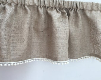 Natural burlap valance with pompom trim fringe  : no oder/ rod pocket / country farmhouse decor custom width living nursery swag cafe