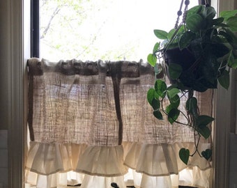 Natural burlap country farmhouse cafe curtain with ruffle kitchen swag decor window covering rod pocket custom curtain panel