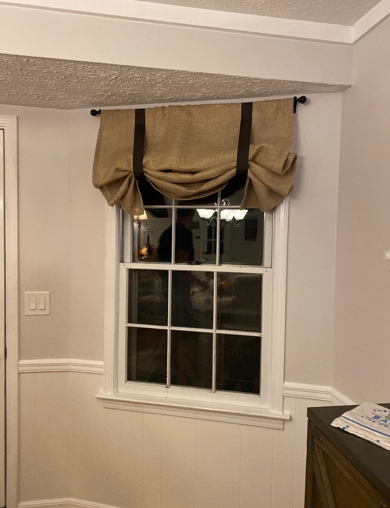 Natural burlap curtains tie up roman shades custom made ribbon Etsy