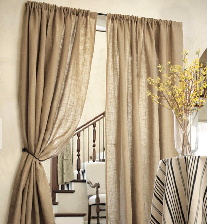 Set Of 2 Natural Burlap Drapes Custom Made Country Etsy