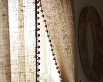 Natural burlap curtain panel with pom pom trim/ country farmhouse drapes living room decor /Rod pocket/1 panel /nursery kids living