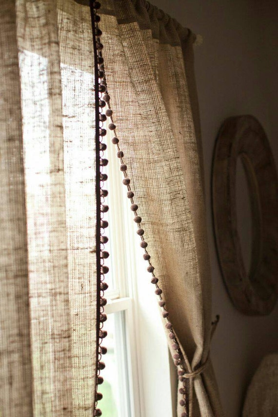 Pair Natural Burlap Curtain Panels With Pom Pom Trim Etsy