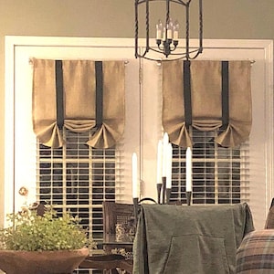 Natural burlap curtains tie up roman shades custom made ribbon ties rod pocket country farmhouse living room nursery cordless cafe curtain