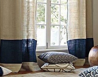 SET OF 2 /Two tone stylish dreamy look natural and navy burlap curtains/Rod pocket