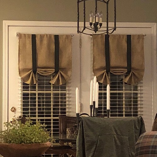 Natural Burlap Curtains Tie Up Roman Shades Custom Made Ribbon Natural Burlap Curtains Tie Up Roman, Country Curtains Roman Shade Installation