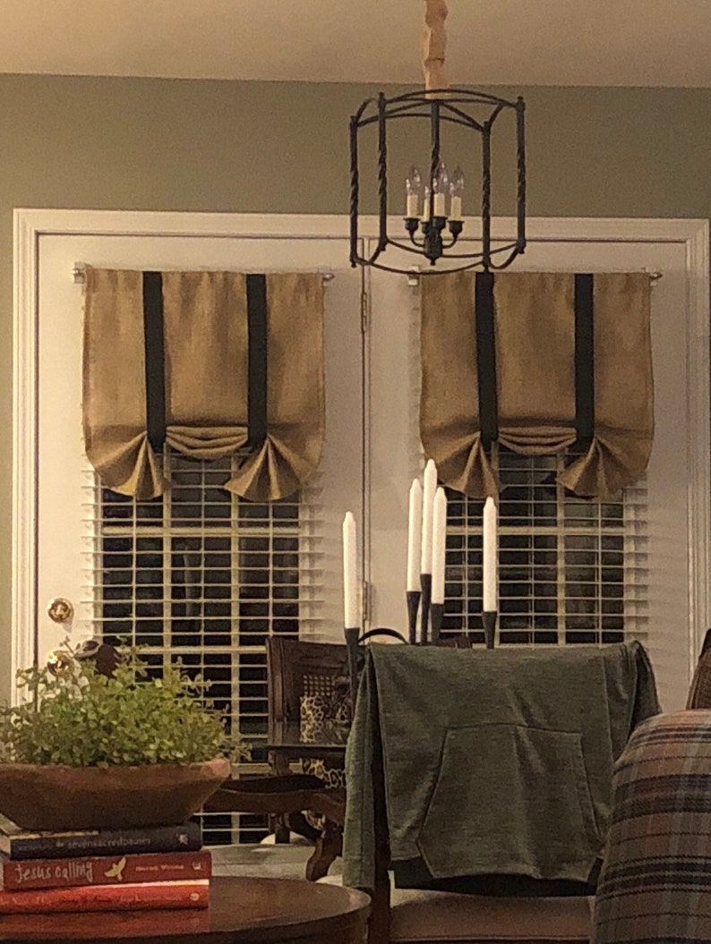 Natural burlap valance roman shades custom made black ribbon | Etsy