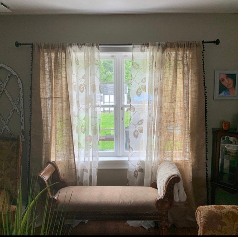 Pair Natural burlap curtain panels with pom pom trim/ country farmhouse drapes living room decor /Rod pocket/nursery kids cafe rustic swag image 2