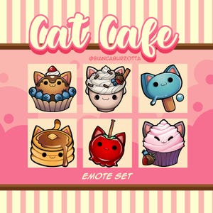 Può includere: Un set di sei emoji di cibo a tema gatto. Le emoji includono un cupcake, una pila di pancake, una mela caramellata, un ghiacciolo, un parfait e un cupcake. Le emoji sono tutte in stile cartone animato e hanno facce carine. Il testo "Cat Cafe" e "EMOTE SET" sono in alto e in basso nell'immagine.