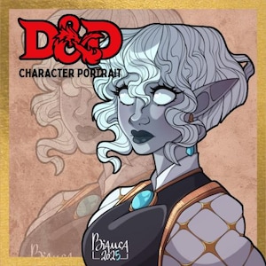 May include: A digital character portrait with the text "D&D CHARACTER PORTRAIT". The artwork features a fantasy character with pale skin, white hair, and closed eyes. The character wears a dark outfit with gold accents and a blue gem.