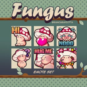 Può includere: Un set di sei emoticon di funghi dei cartoni animati con varie espressioni. I funghi hanno cappelli rossi e bianchi a pois e sono in diverse pose, tra cui tenere un cuore e dire "NOOO". La parola "Fungus" è in alto.