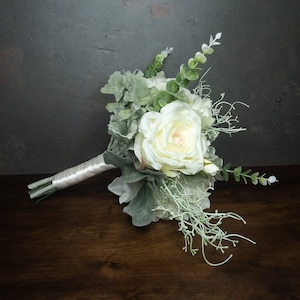 Realistic medium wedding bouquet silk flowers dusty miller flocked leafs greenery roses hydrangea eucalyptus ivory elegant bridesmaid toss