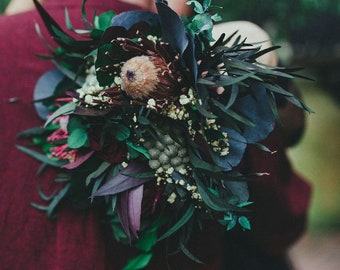 Burgundy woodland wedding bouquet, rustic florals for the bride, real preserved protea flower bouquet, dark red rose bouquet, boho wedding