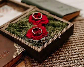 Preserved red rose wedding ring box moss eucalyptus natural flowers woodland rustic style wood and glass ring bearer stabilized flower