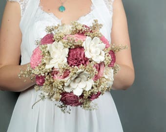 Blush Pink Wedding Bouquet: Rustic Sola Flowers, Preserved Baby's Breath