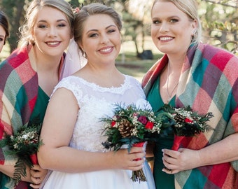 Winter wedding bouquet pine cones berries real preserved roses red burgundy white greenery real flowers woodland wedding bridesmaid bouquet