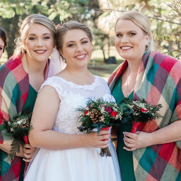 Winter wedding bouquet pine cones berries real preserved roses red burgundy white greenery real flowers woodland wedding bridesmaid bouquet