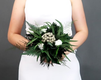 Small toss bridesmaid woodland boho wedding bouquet, white real roses and greenery eucalyptus ferns, woodsy realistic preserved flowers