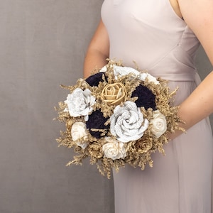 Gold ivory black wedding bouquet bridal elegant retro wedding sola flowers cedar rose dried flowers paper book flowers satin ribbon carnival image 1