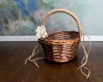 Rustic Flower Girl Basket, Burlap & Sola Flower, Woodland Wedding