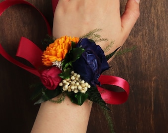 Colorful wrist corsage with sola flowers in yellow orange blue fuchsia pink, boho wedding, bridesmaid mothers flowers preserved greenery